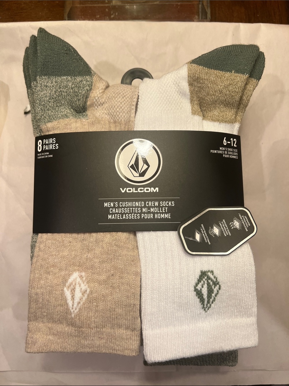 Volcom Men's Cushioned Crew Socks in White, Tan & Green (8 Pack)